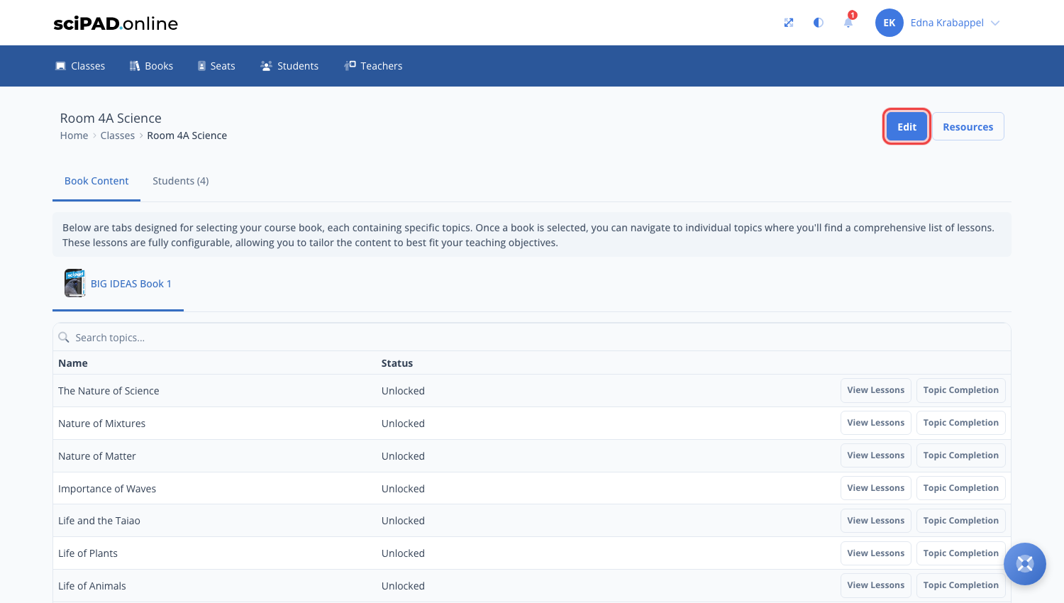 The class page with the Edit button top right