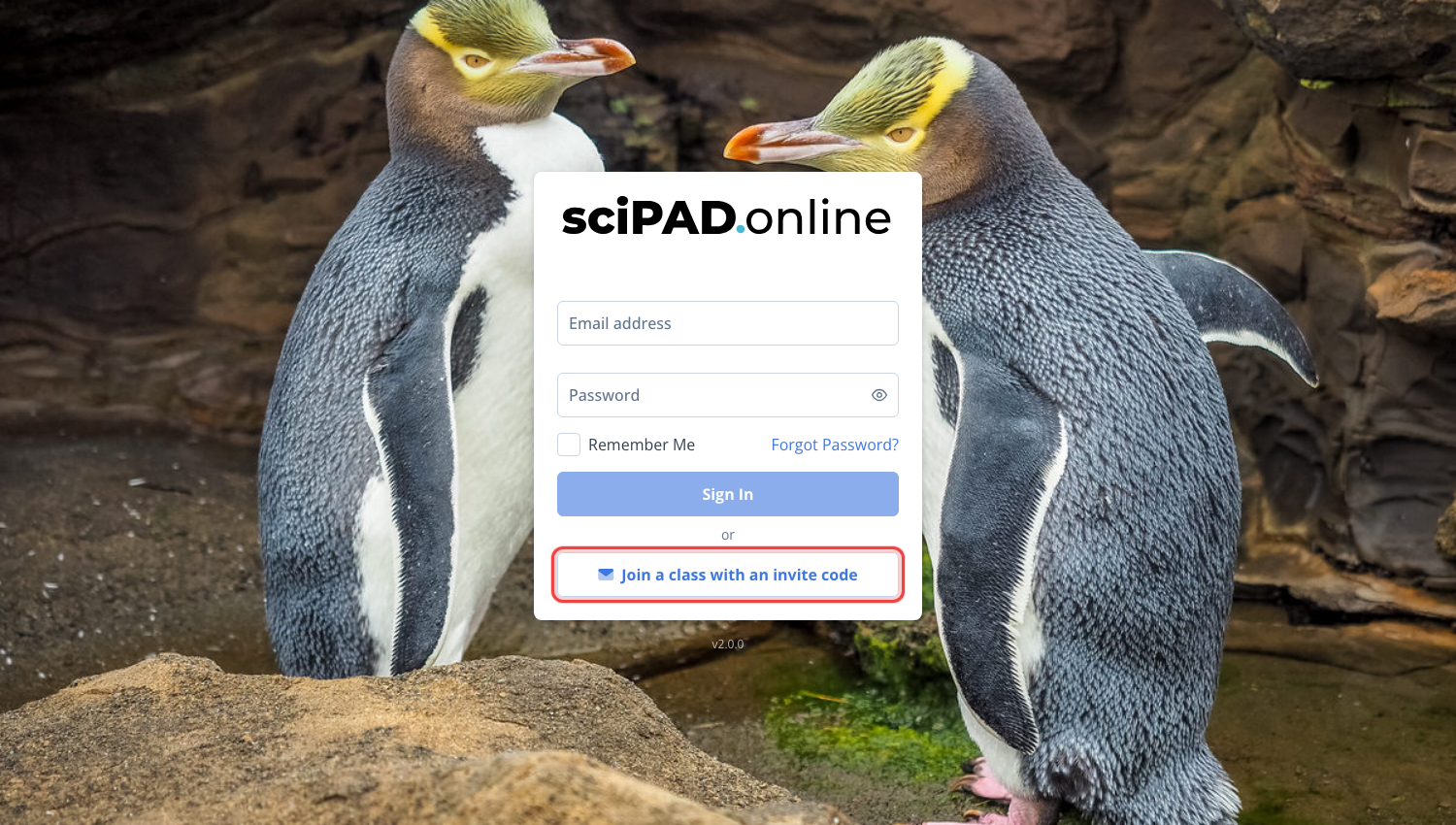 The student sign-in page with the Join a class with an invite code button highlighted