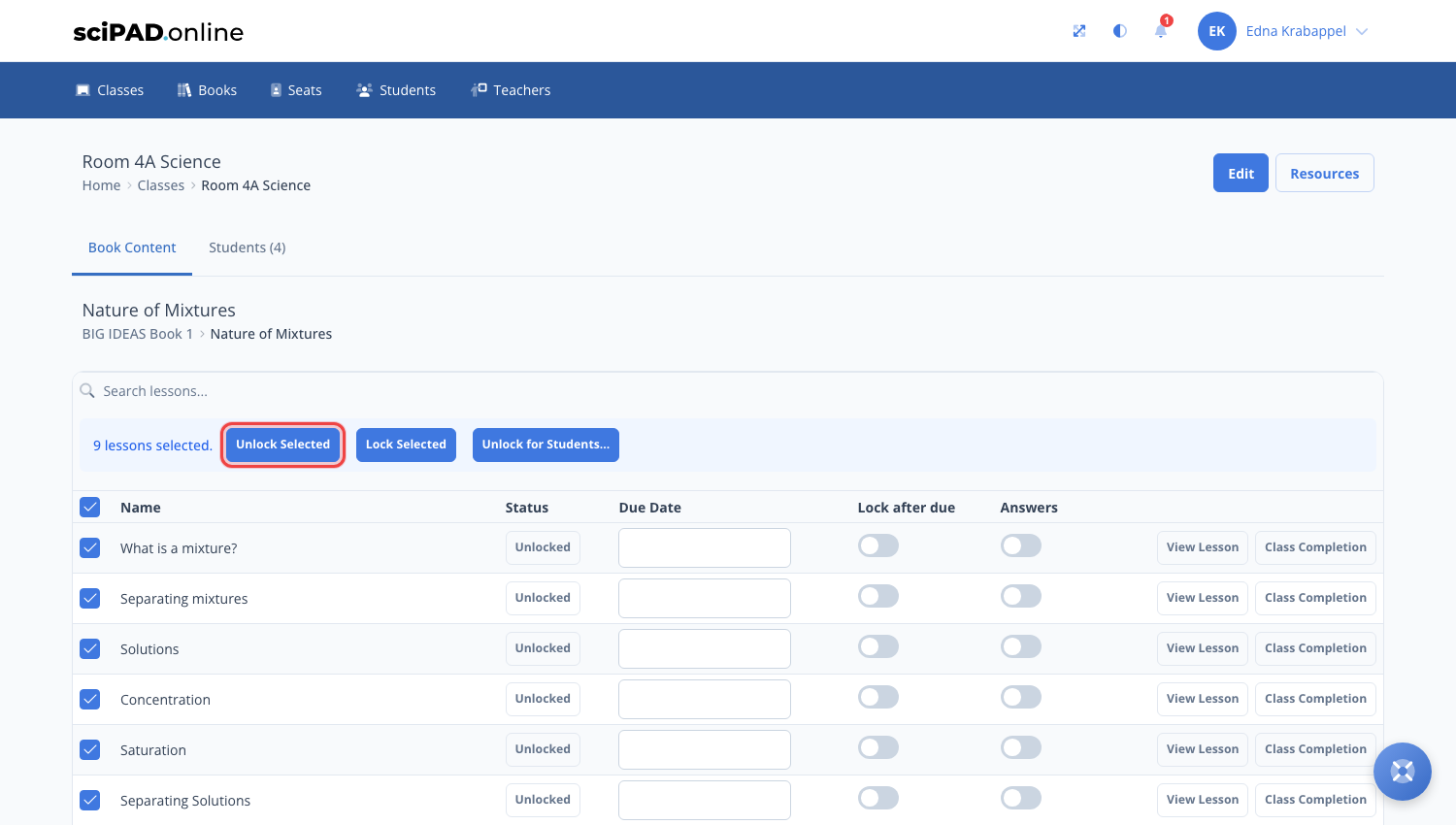 The lesson list with every lesson selected and the Unlock Selected button highlighted