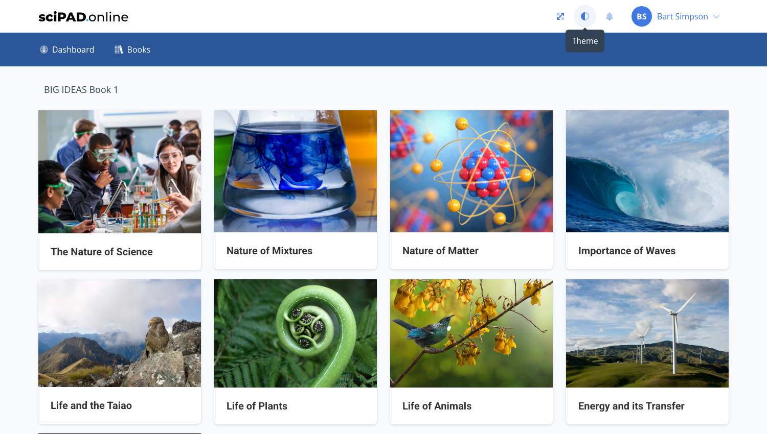 Student view of a book with unlocked topics