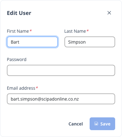 The edit student dialog where name, email and password can be changed