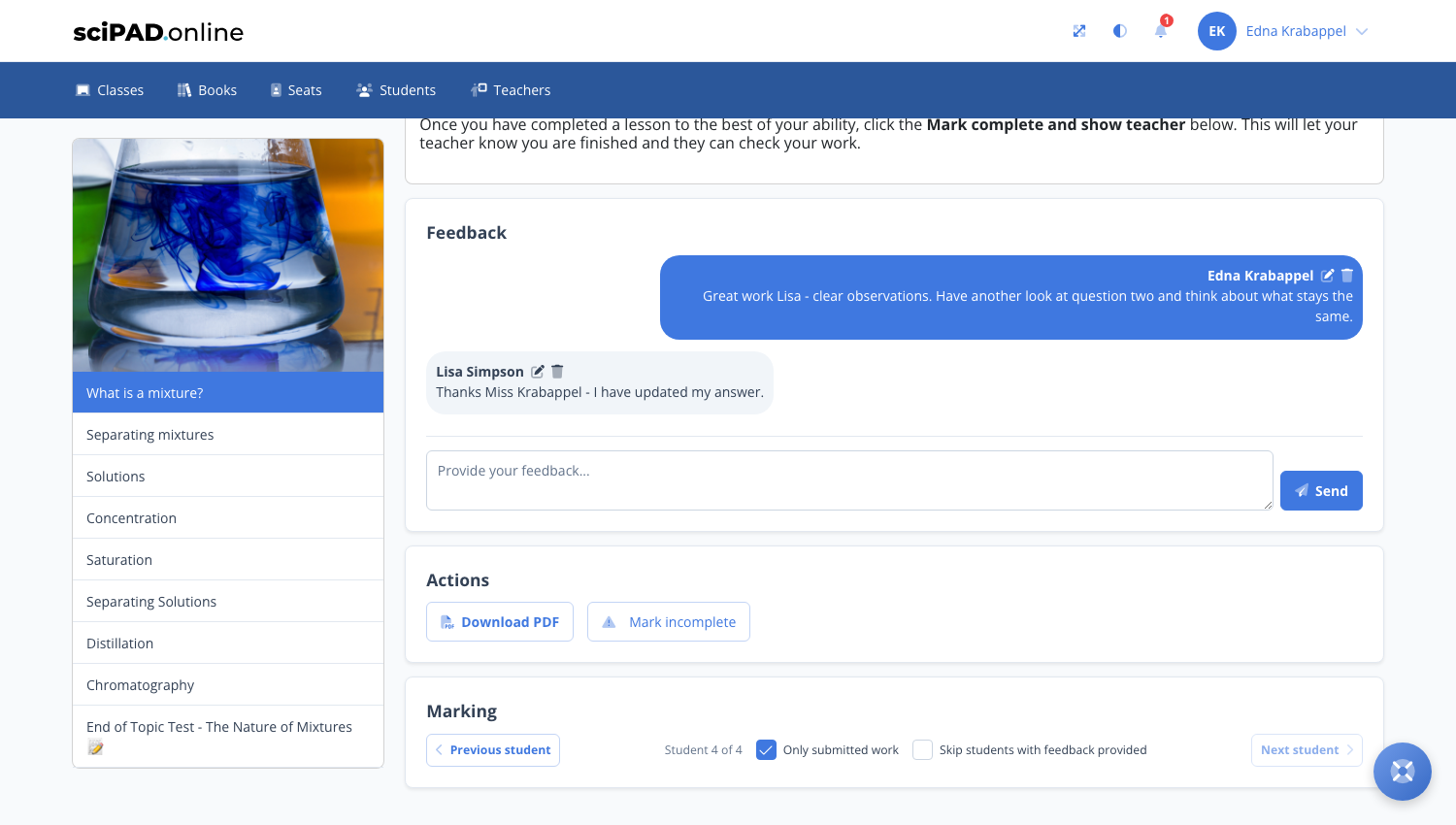Teacher view of the feedback panel at the base of a student's lesson