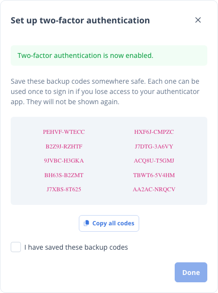 The one-time backup codes shown after two-factor authentication is enabled