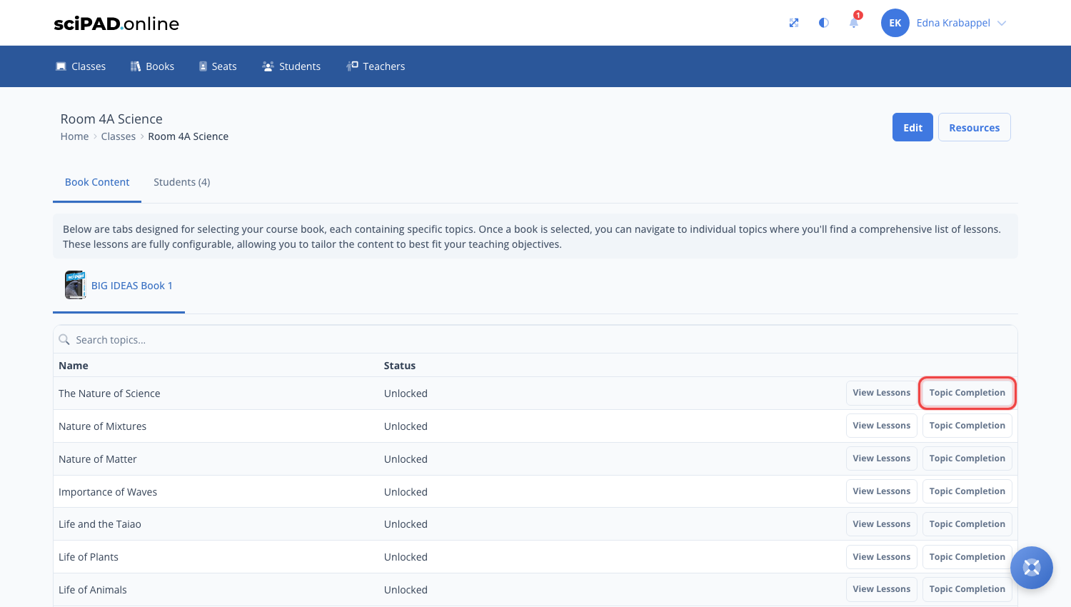 The class page with the Topic Completion button highlighted on the topic row