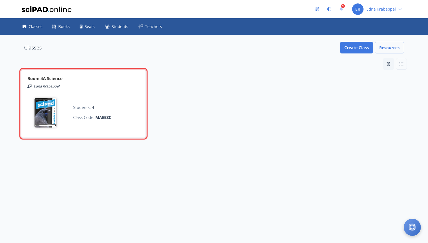 The Classes page with the class card highlighted