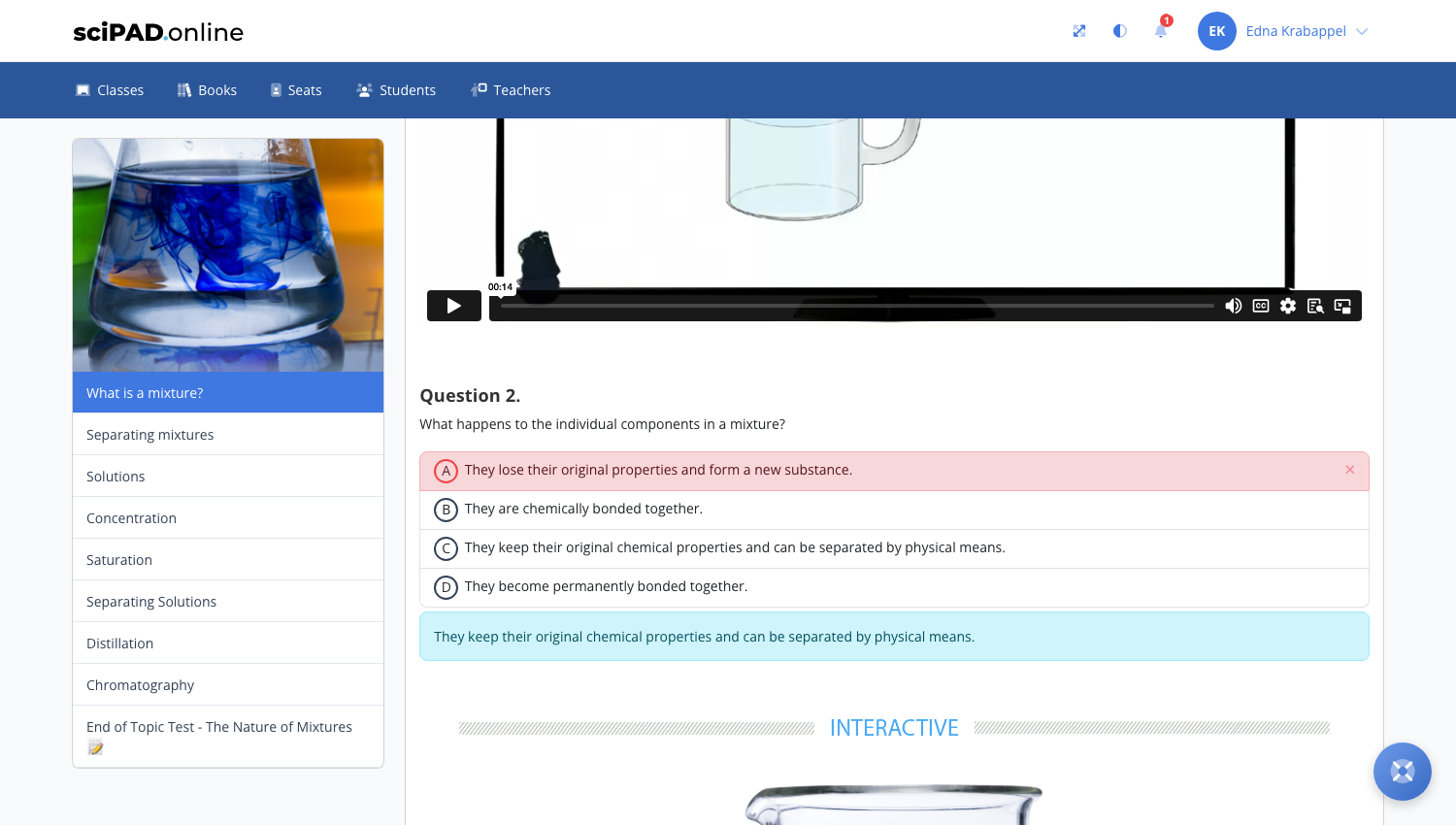 A multichoice question showing instant right or wrong feedback
