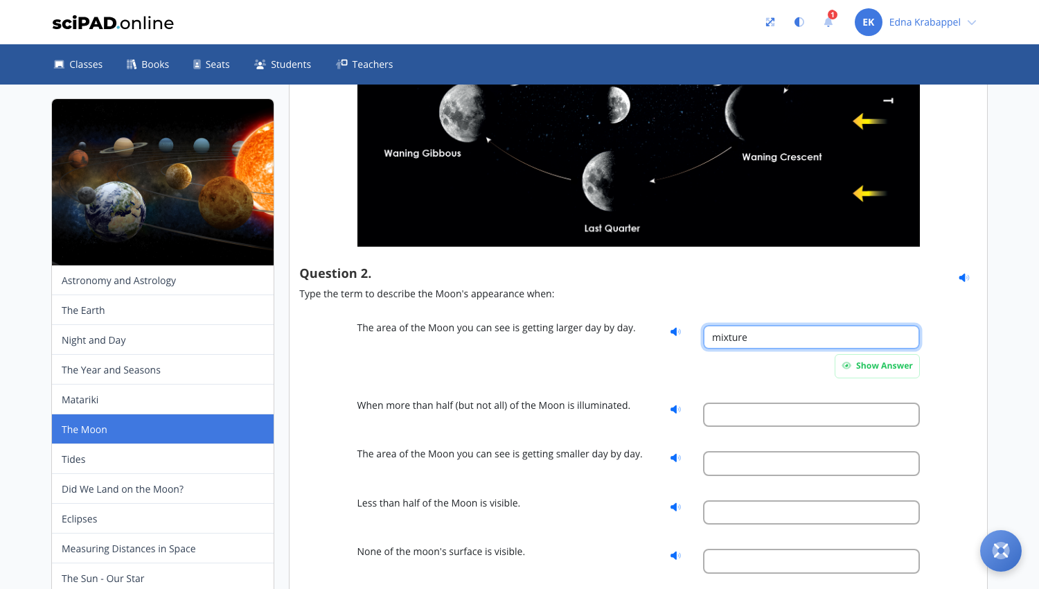A short answer question with the answer button revealed by typing