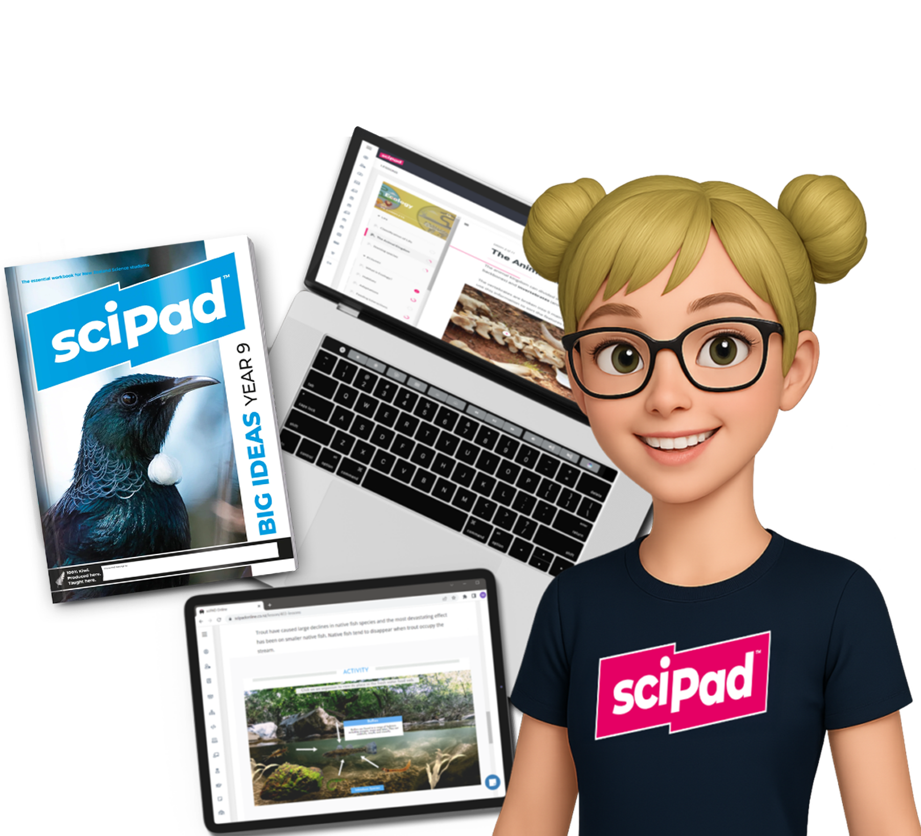 sciPAD workbook with laptop and tablet